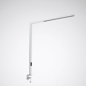 Vit minimalistisk LED-armatur med lång justerbar arm och bordsklämma, riktat bländfritt arbetsljus och energieffektiv premiumkvalitet, modern design perfekt för kontor och arbetsplatser från PROLJUS AB