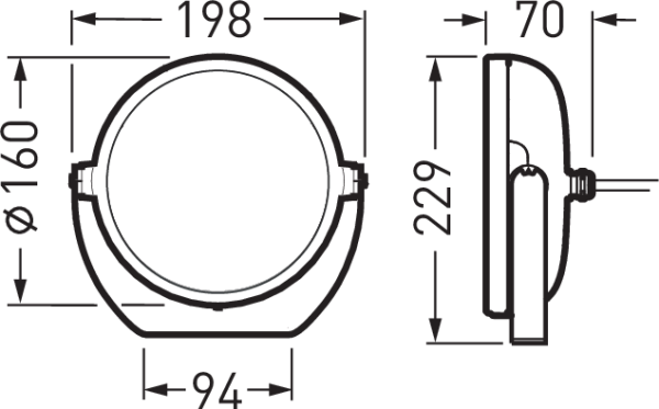 Rund robust PROLJUS AB LED-armatur med mått ø160 mm diameter, totalbredd 198 mm, höjd 229 mm, djup 70 mm och bottenbredd 94 mm, ytmonterad med justerbart fäste för industriella och utomhusmiljöer som ger energieffektiv belysning och enkel installation