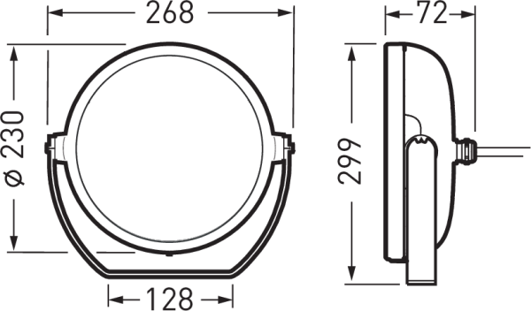 Teknisk ritning av rund armatur från PROLJUS AB med Ø 230 mm front, totalbredd 268 mm, djup 72 mm, höjd 299 mm och fästbredd 128 mm, robust kompakt design för professionell energieffektiv belysning