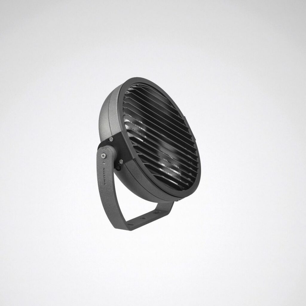 Rund mörkgrå utomhusarmatur med horisontella galler och justerbart fäste, robust premiumfinish för elegant och kraftfull fasad- och landskapsbelysning från PROLJUS AB