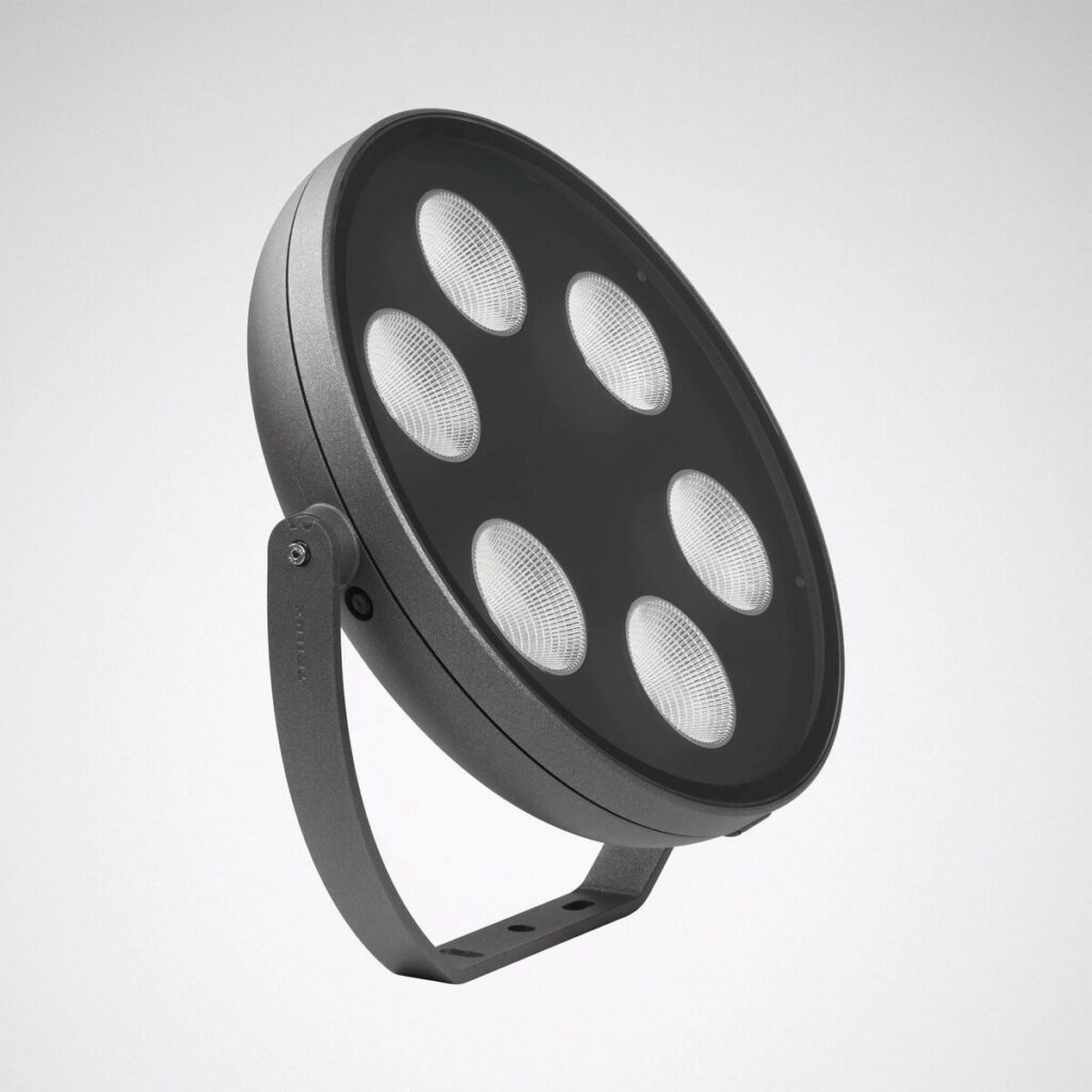 Rund LED‑projektor från PROLJUS AB med sex kraftfulla COB‑dioder i svart metallhölje och justerbart monteringsfäste, energieffektiv och väderbeständig för professionella utomhusinstallationer