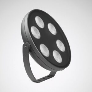 Rund LED‑projektor från PROLJUS AB med sex kraftfulla COB‑dioder i svart metallhölje och justerbart monteringsfäste, energieffektiv och väderbeständig för professionella utomhusinstallationer