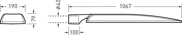Lågprofil LED-armatur från PROLJUS AB i teknisk ritning med front- och sidovy, mått 190 mm bred, 79 mm hög, 1067 mm lång, Ø42 mm infästning och 100 mm monteringsfläns, slimmat modernt utseende i robust aluminium, energieffektiv och enkel att installera för gatubelysning och urbana projekt