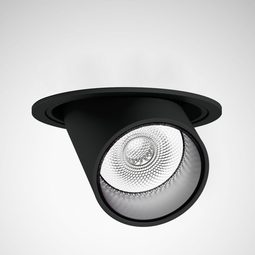 Svart infälld riktbar LED-spot från PROLJUS AB med texturerad högreflekterande reflektor, energieffektiv och kraftfull ljusbild för butik, kontor och moderna interiörer