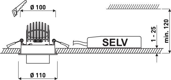 Teknisk tvärsnittsillustration av PROLJUS ABs infällda downlight, med kraftig kylfläns och snabbfästen, separat SELV-driver ovan tak, rekommenderad utskärning Ø100 mm och yttre diameter Ø110 mm, passar taktjocklek 1–25 mm och kräver minst 120 mm installationsdjup, energieffektiv och robust armatur för professionell belysning