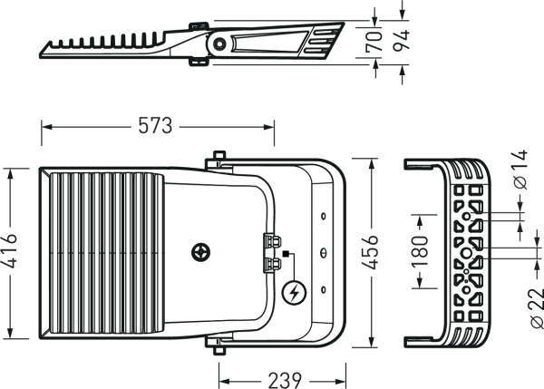 Teknisk ritning av robust PROLJUS AB LED-armatur i profil-, plan- och ändvy med mått (längd 573 mm, bredd 456 mm, höjd 70–94 mm) och detaljerat montagefäste med Ø14/Ø22 mm hål, energieffektiv design, slimmat korrosionsbeständigt hölje och enkel montering som passar professionella belysningsprojekt