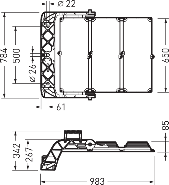 Teknisk topp- och sidovy av PROLJUS industriell LED-armatur med monteringsfäste och tre ljusmoduler, detaljerade mått inklusive 983 mm längd och 650 mm bredd, robust och kompakt design för energieffektiv, högpresterande belysning i lager, sporthallar och industrimiljöer, enkel installation och justerbar vinkel som gör den idealisk för PROLJUS ABs kunder