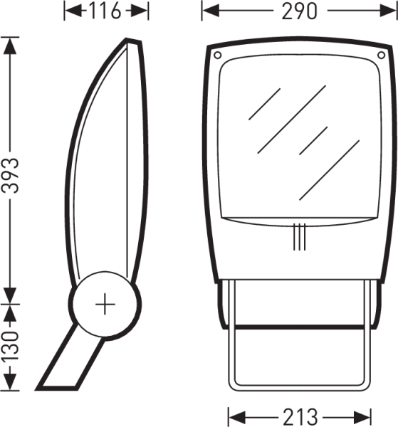 Teknisk ritning av modern LED-armatur från PROLJUS AB i profil- och frontvy med mått 393 mm höjd, 290 mm bredd, 116 mm djup och 213 mm monteringsbredd, rund justerbar infästning och vinklingsbar konsol, slimmat väderbeständigt hus med stor lins, energieffektiv och robust armatur idealisk för gatubelysning, park- och industrimiljöer