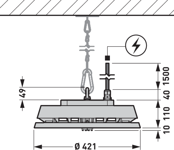 Hängande rund LED-armatur från PROLJUS AB Ø 421 mm med robust kedjeupphängning och karbinhake, kabelgenomföring för säker elektrisk anslutning, ribbad kylkropp och slät optik som ger jämnt energieffektivt ljus perfekt för lager och industrimiljöer