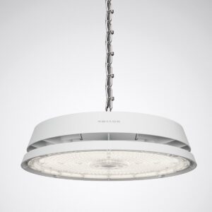 Vit rund LED-highbayarmatur med kedjeupphängning, prismatic diffuser och slimmat vitt hölje, energieffektiv och högpresterande belysning för lager, verkstad och stora lokaler, säljs av PROLJUS AB