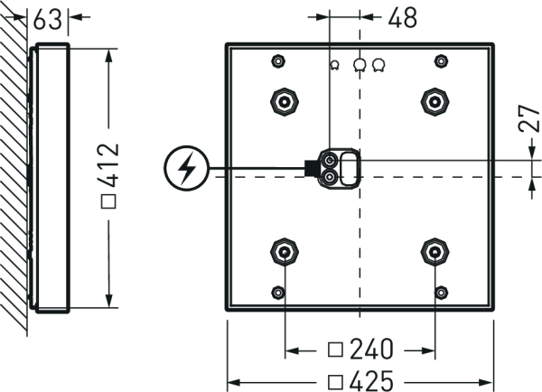 Teknisk ritning av PROLJUS fyrkantig LED-armatur med fram- och sidovy, yttermått cirka 412×412 mm och 63 mm djup, central kabelanslutning markerad med symbol, fyra monteringspunkter och alternativa infästningsmått 240 mm respektive 425 mm Robust, slimmat aluminiumhus, energieffektiv LED-teknik och enkel montering från PROLJUS AB