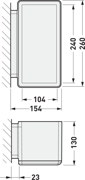 Teknisk ritning av rektangulär väggarmatur från PROLJUS AB med rundade hörn och frontdiffusor, måttangivelser: totalhöjd 260 mm, synlig ljusyta 240 mm, totalbredd 154 mm, öppningsbredd 104 mm, djup 130 mm och väggavstånd 23 mm, kompakt modern design idealisk för professionella installationer