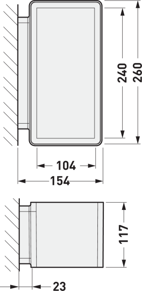 Teknisk teckning av rektangulär väggarmatur från PROLJUS AB i front- och sidovy med monteringsdetaljer och mått: höjd 260 mm, ljusöppning 240 mm, bredd 154 mm, innerbredd 104 mm, djup 117 mm, väggavstånd 23 mm, slimmat elegant utförande för energieffektiv entré- och fasadbelysning