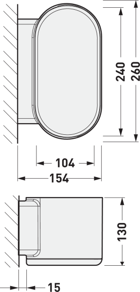 Väggarmatur från PROLJUS AB med rundad oval form visad i fram- och sidovy med mått totalhöjd 260 mm, ljusöppning 240 mm, utstick 154 mm (inre 104 mm), monteringsdjup 15 mm och kroppshöjd 130 mm, modern slät design och jämn ljusfördelning perfekt för korridorer och entréer