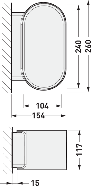 Ritning av väggmonterad oval LED-armatur från PROLJUS AB i topp- och sidovy med mått: totalhöjd 260 mm, ljushöjd 240 mm, totalbredd 154 mm, innerbredd 104 mm, djup 117 mm och monteringsavstånd 15 mm, elegant kompakt och robust design, energieffektiv och lätt att montera, idealisk för korridorer, trapphus och utomhusmiljöer