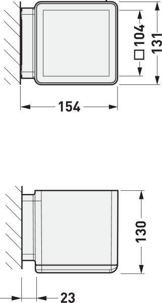 Teknisk ritning av en kompakt väggmonterad kvadratisk LED-armatur från PROLJUS AB med mjukt rundade hörn och opal diffusor, mått cirka 154 mm bredd, 130 mm höjd och 23 mm monteringsdjup, energieffektiv och väderbeständig konstruktion i hög kvalitet som passar för både inomhus- och utomhusprojekt