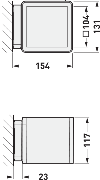 Två tekniska vyer av en väggmonterad, fyrkantig armatur från PROLJUS AB med elegant ram och robust väggfäste, måttangivna: bredd 154 mm, höjd 131 mm (inre ljusöppning 104 mm), djup 117 mm och väggavstånd 23 mm, idealisk för professionell belysning