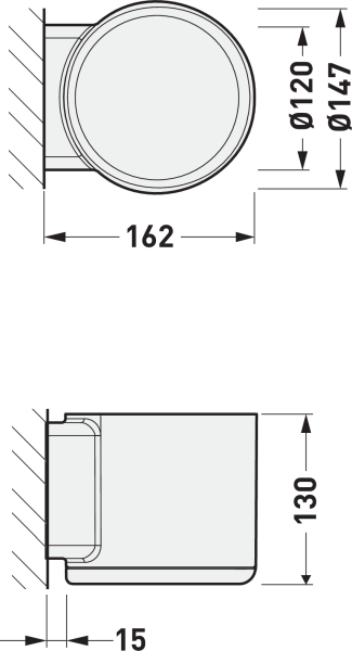 Ritning i två vyer av en väggmonterad rund LED-luminär från PROLJUS AB med ytterdiameter 147 mm, ljusöppning 120 mm, monteringsdjup 162 mm och totalhöjd 130 mm, elegant kompakt design för professionell belysning