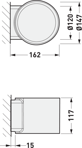 Ritning av rund väggarmatur från PROLJUS AB i top- och sidovy med mått: ytterdiameter 147 mm, ljusöppning Ø120 mm, utstick från vägg 162 mm, höjd 117 mm och väggavstånd 15 mm; modern kompakt design i robust utförande med energieffektiv LED idealisk för professionella belysningsprojekt