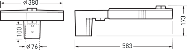 Teknisk ritning av PROLJUS ABs slimmade LED-armatur för utomhus- och gatubelysning, rund topplatta Ø380 mm, monteringshals Ø76 mm och 100 mm lång, total längd 583 mm och höjd 173 mm, lågprofilig robust design för effektiv ljusspridning och enkel installation