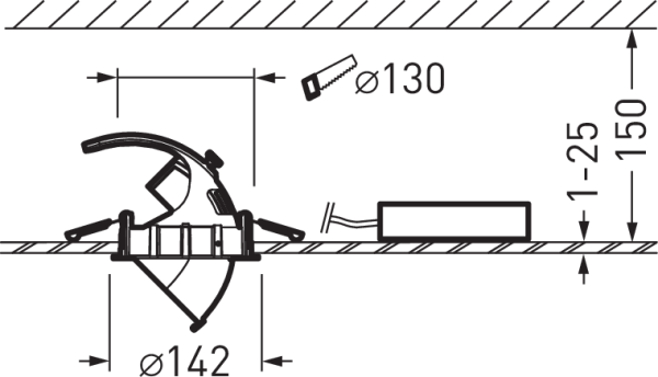 Snittbild av PROLJUS ABs eleganta, energieffektiva infällda downlight med fjäderclips och extern driver för enkel verktygslös installation, rekommenderat borrhål Ø130 mm, utskärning Ø142 mm, taktjocklek 1–25 mm och installationsdjup 150 mm