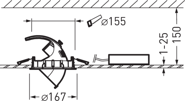 Snittbild av infälld LED-downlight från PROLJUS AB med fjäderclips, visar Ø155 mm utsågning och Ø167 mm armatur, anpassad för taktjocklek 1–25 mm och monteringsdjup 150 mm, energieffektiv modern design och enkel installation för professionella belysningslösningar
