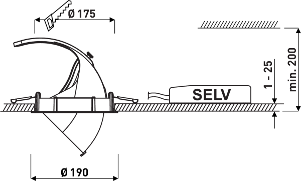 Teknisk snittbild av infälld rund PROLJUS LED-armatur med Ø175/Ø190 öppning, SELV-drivdon och fjädrande monteringsklämmor, energieffektiv och enkel att installera från PROLJUS AB