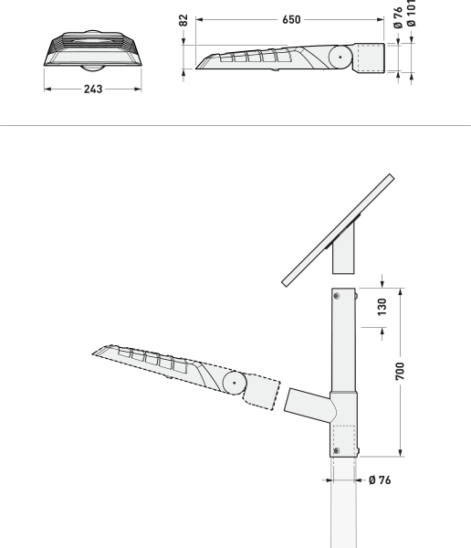 Teknisk ritning av PROLJUS AB:s tiltbara LED-armatur för stolpmontage, visad i top- och sidovy med mått 650 mm längd, 243 mm bredd, 82 mm höjd och infästningsdiameter Ø76/Ø101 mm. Visar tiltfunktion och pelarmontage med 700 mm stamhöjd och 130 mm justerbart fäste, en energieffektiv, väderbeständig och lättinstallerad lösning från PROLJUS AB