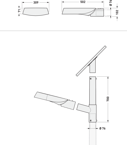 Teknisk ritning av PROLJUS AB:s moderna LED-armatur med slankt huvud 309×71 mm och total längd 502 mm, justerbar arm för flera ljusvinklar, monteringsdetaljer för Ø76 mm stolpe och 700 mm stolphöjd samt kompakt infästningsbox 102 mm, energieffektiv, robust och lättinstallerad belysning för gator och offentliga miljöer från PROLJUS AB