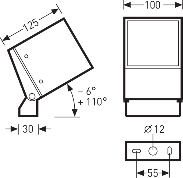 Teknisk ritning av PROLJUS AB:s rektangulära armatur med justerbart fäste och tilt från −6° till +110°, djup 125 mm, frontbredd 100 mm, basdjup 30 mm, kabelgenomföring Ø12 mm med 55 mm mellan infästningar, robust konstruktion för utomhus- och fasadbelysning och professionell kvalitet från PROLJUS AB