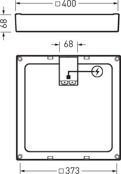 Teknisk teckning av PROLJUS fyrkantig LED-armatur 400×400 mm och 68 mm hög med tvärsnitt och baksidesvy visar central kopplingsdosa 68 mm bred med två skruvplintar fyra monteringshål i hörnen och inre synlig ram 373 mm Modern slimmad och energieffektiv takarmatur från PROLJUS AB enkel installation idealisk för kontor entréer och offentliga miljöer