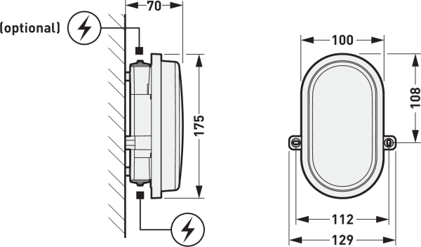 Oval väggarmatur från PROLJUS AB i robust väderbeständig design; teknisk ritning visar sid‑ och frontvy med mått 175 mm höjd, 70 mm djup, 100 mm bredd och monteringsavstånd 112–129 mm, enkel och säker elektrisk anslutning för snabb installation