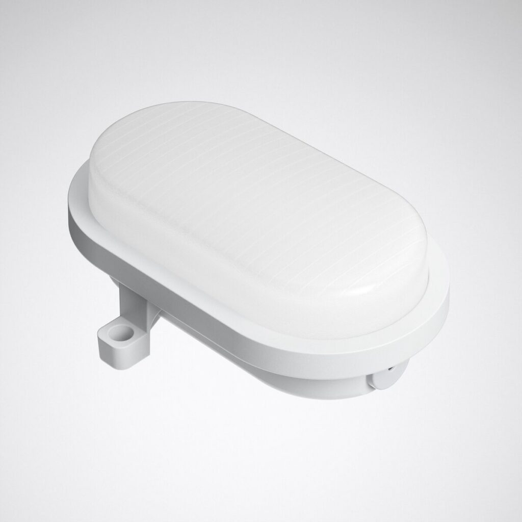 Vit oval armatur med räfflad kupa och dold monteringsfäste, kompakt och stilren design för vägg eller tak från PROLJUS AB