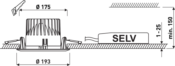 Snittbild av infälld PROLJUS AB LED-downlight med kylflänsar och fjäderfästen, utvändig diameter 193 mm och urtagningsmått Ø175 mm, SELV-driverskåp placerat ovan undertak med minst 150 mm fritt utrymme och justerbart installationsdjup 1–25 mm, energieffektiv och lättinstallerad lösning för professionell belysning från PROLJUS AB