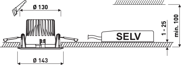 Teknisk skiss av infälld LED-armatur från PROLJUS AB med kylfläns och fjäderklämmor, håltagning Ø130 mm och ytterdiameter Ø143 mm, tillhörande SELV-drivdon monterat ovan undertak med minsta installationsdjup 100 mm, energieffektiv och lättinstallerad lösning för professionella belysningsprojekt