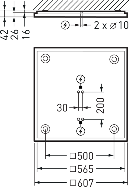 Teknisk ritning av en fyrkantig infälld LED-armatur från PROLJUS AB med mått 500/565/607 mm, monteringshål Ø10 mm, centrala kabelgenomföringar med avstånd 30 mm och 200 mm samt låg bygghöjd 42/26/16 mm, energieffektiv, robust och lättinstallerad lösning som passar kontor, butik och offentliga miljöer
