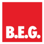 Röd B.E.G.-logotyp som representerar högkvalitativa ljusarmaturer och belysningslösningar från PROLJUS AB, energieffektiva och pålitliga för professionella inomhus- och utomhusinstallationer