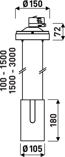 Teknisk teckning av stilren hängande LED‑armatur från PROLJUS AB med takplatta Ø150 mm och 72 mm höjd, justerbar upphängning 100–1500 mm eller 1500–3000 mm, cylindrisk ljusdosa Ø105 mm och 180 mm hög, energieffektiv och lättinstallerad lösning för kommersiella och privata miljöer