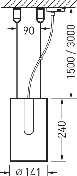Teknisk teckning av en PROLJUS AB cylindrisk LED-pendel, Ø141 mm och 240 mm hög, med två takfästen 90 mm isär och justerbar hänglängd 1500 eller 3000 mm, dold kabel och snabbkoppling vid taket, stilren energieffektiv armatur idealisk för butik, kontor och hemmiljö