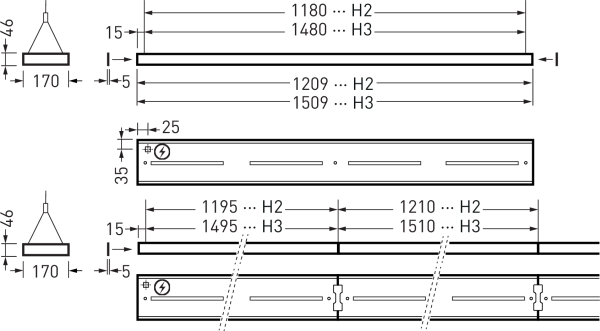 Teknisk illustration av slimmade rektangulära hängande armaturer från PROLJUS AB som visar profil 170 mm bred och 46 mm hög, flera längder för H2 och H3 (cirka 1180/1480 och 1209/1509 mm), montage‑ och infästningsdetaljer inklusive skruv‑ och strömanslutning, modulära kopplingsfästen och justerbara upphängningspunkter, elegant energieffektiv och lättinstallerad belysning för professionella miljöer