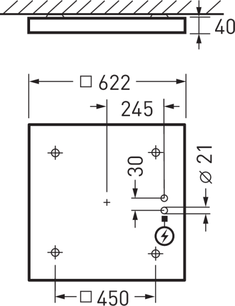 Teknisk ritning av lågprofils takarmatur från PROLJUS AB, 40 mm takavstånd, monteringsplatta ca 622×450 mm, centreringsmått 245 mm, kabelgenomföring Ø21 mm och tydligt markerade monteringshål för snabb och enkel installation, modern energieffektiv LED-lösning idealisk för kontor och butiker som kan beställas från PROLJUS AB