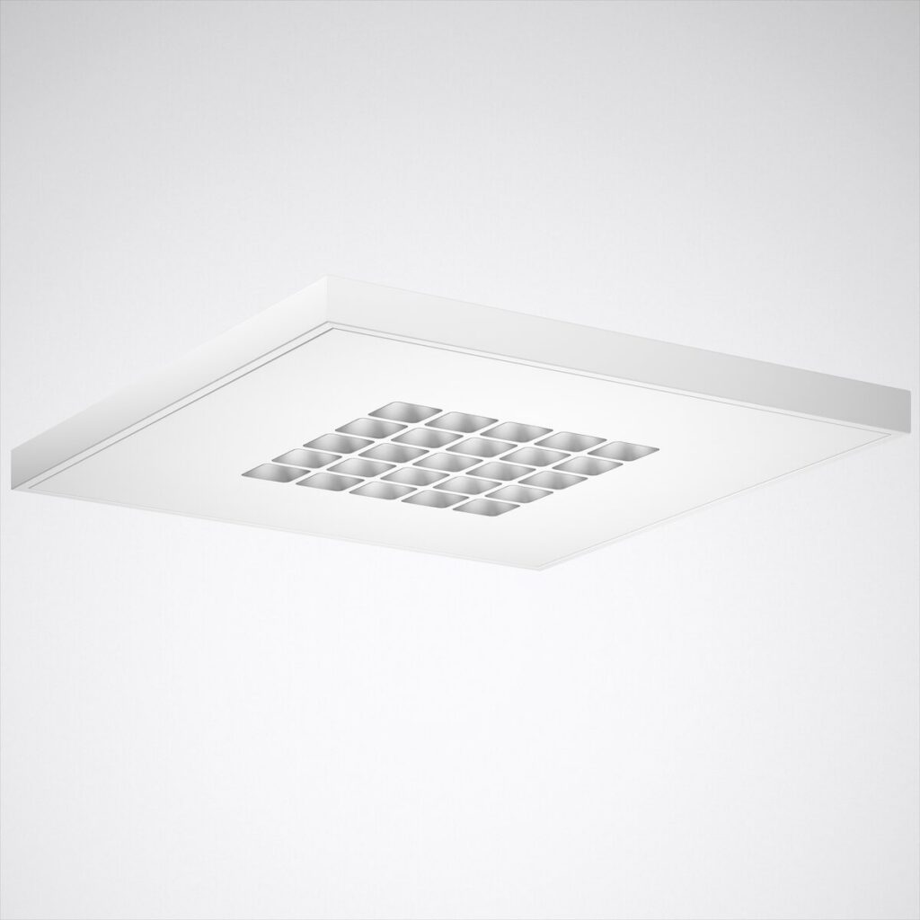 Kvadratisk ytmonterad LED-takarmatur med tunn vit ram och ett centralt 5x5-rutnät av reflekterande reflektorer som ger jämnt, bländfritt arbetsljus, energieffektiv och stilren lösning för kontor och offentlig miljö från PROLJUS AB