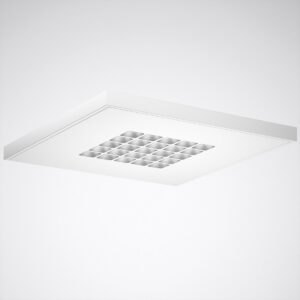 Kvadratisk ytmonterad LED-takarmatur med tunn vit ram och ett centralt 5x5-rutnät av reflekterande reflektorer som ger jämnt, bländfritt arbetsljus, energieffektiv och stilren lösning för kontor och offentlig miljö från PROLJUS AB