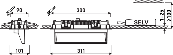 Infälld LED-downlight från PROLJUS AB med lågt byggdjup och separat SELV-drivdon, elegant 311 mm bred front, enkel montering i undertak och energieffektiv lösning för professionella ljusprojekt