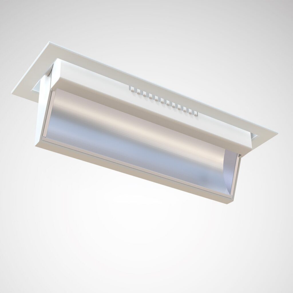 Infälld linjär armatur i vitt med borstad aluminiumreflektor, mjuk avbländad nedåtriktad ljusfördelning och elegant energieffektiv design för kontor, butik och offentlig miljö från PROLJUS AB