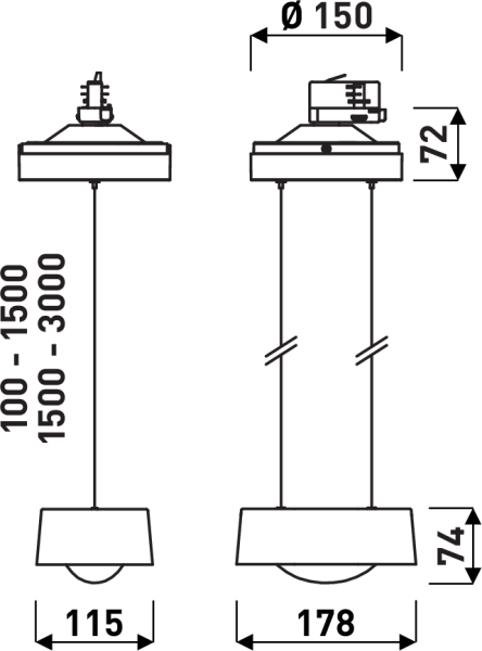 Teknisk skiss av två hängande armaturer från PROLJUS AB, enkelkabelsmodell med 115 mm skärm och justerbar längd 100–1500/1500–3000 mm samt dubbelkabelsmodell med 178 mm skärm, båda med Ø150 mm takfäste och låg profil 72/74 mm, stilren och flexibel belysning idealisk för butiker och kontor