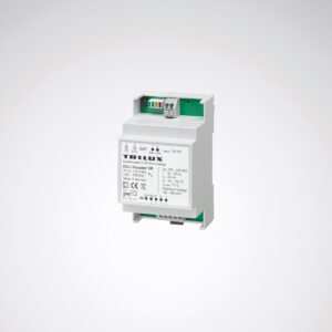 Vit DALI-repeater för DIN-skena som effektivt styr och skyddar armaturer, kompakt modul för professionell belysning och perfekt tillägg i PROLJUS ABs sortiment