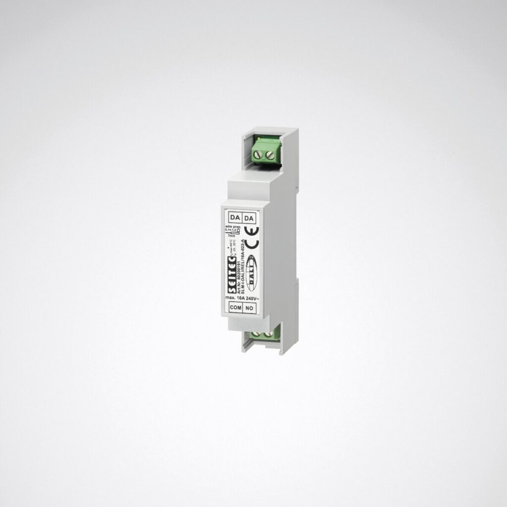 Kompakt DIN-skena modul för belysning från PROLJUS AB, vit enkelkanalsrelä för styrning av armaturer, platsbesparande och pålitlig lösning som förenklar installation