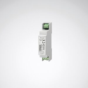 Vit smal DIN-skena styrmodul för belysning med två gröna anslutningsklämmor och tydlig märkning, idealisk för professionell armaturstyrning, pålitlig och kostnadseffektiv lösning från PROLJUS AB