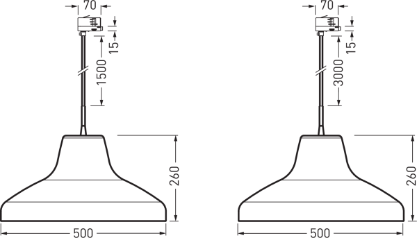 Teknisk illustration av två pendellampor med slät metallskärm Ø500 mm och skärmhöjd 260 mm, smal takkoppling och valbara hänglängder 1500 mm eller 3000 mm, stilren och funktionell design för butiker, lager och kontor, enkel att installera och perfekt för effektiv belysning PROLJUS AB